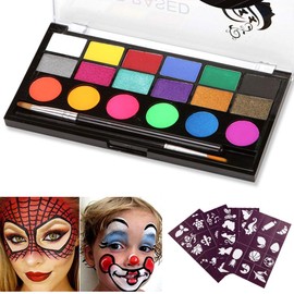 Vegena Children's make-up set, delicate and gentle, 18 make-up colours, 2 professional brushes, 40 stencils, water-based, non-toxic, safe face paint, ideal for children's parties, fancy dress,