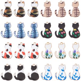 SUNNYCLUE 1 Box 32Pcs 8 Styles Cats Charms Kitten Charm Metal Black Pattern Assorted Colorful Animal Cat Flower Pet Charm for Jewelry Making Charms DIY Keychain Bracelet Earrings Necklace Women Crafts