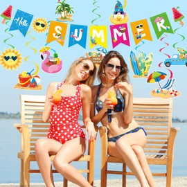 AUGSUN Summer Party Decorations, Beach Party Decorations Hello Summer Banner & No-DIY Pool Party Decorations Hanging Swirls Streamers Ceiling Decor for Kids Luau Hawaii Home Office School Classroom