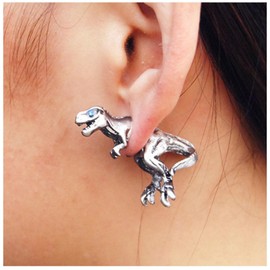 Yheakne Punk Dinosaur Ear Jacket Earrings Silver Dinosaur Stud Earrings Dino Earrings Cute Animal Earrings Jewelry for Women and Girls