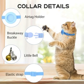 Cat Collar with Airtag Holder, Breakaway Elastic Kitten Collar with Bell, Safety Buckle and GPS Tracker Collar for Girl Boy Cats, Kittens, Puppies, Blue