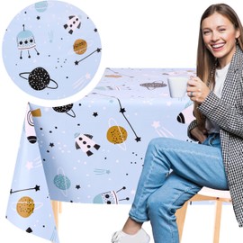 KP HOME Wipe Clean Tablecloth Rectangular 78.7"x 55.1" (200x140cm) - Plastic Table Cloth Wipe Clean, Rectangle Outdoor PVC Oil Cloth Table Cover Waterproof - Rocket Galaxy Adventure Pattern