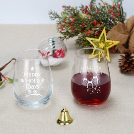 Set of 4 Christmas Puns Stemless Wine Glasses Set, Christmas Themed Gift Idea for Women Men Friend Party White Elephant Gift Exchange Dirty Santa, 15Oz Funny Wine Gift