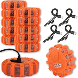 Ecoangel USB Rechargeable LED Road Flares Emergency Lights-Roadside Warning Car Safety Beacon Flashing Disc Flare Kit with Magnetic Base for Vehicles & Boat | 12 Beacon Disc Pack