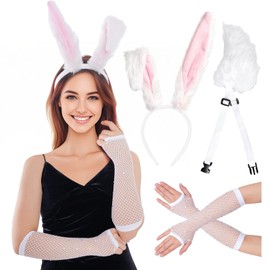 Haakong 3 Pcs Bunny Ear Costume Set Rabbit Ears Headband Fishnet Gloves and Tail for Women Girls Party Costume (White)