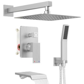 HomGoo Shower System with Tub Spout, All Metal Tub Shower Faucet Set with 10'' Rain shower heads and handheld spray combo,Wall Mounted Tub Shower Systems with Valve and Trim Kit, Brushed Nickel