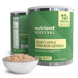 High Protein Oatmeal Instant, Hearty Apple Cinnamon, Freeze Dried Prepper Supplies & Emergency Food Supply, 40 Essential Nutrients, Gluten Free, Shelf Stable Up to 25 Years, One Can, 18 Servings