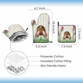 Samgula Brown Bunny Oven Mitts and Pot Holders Sets Easter Tulips Wooden Wall Heat Resistant 3pcs for Cooking Baking BBQ