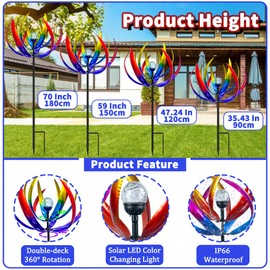 Wind Spinners Outdoor for Yard and Garden - Wind Sculptures & Spinners - 70 Inch Wind Spinner with Solar Powered Multi-Color Glass Ball Light for Yard Garden Backyard Lawn Decorations