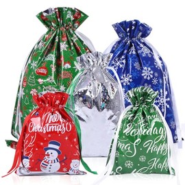Christmas Drawstring Gift Wrapping Bags: 5pcs 5 Different Designs and 4 Sizes Christmas Wrapping Bags Festive Design Foil Gift Bags Goody Bags