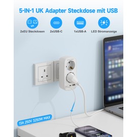 Adapter England Germany Plug, UK Adapter with 3USB, Socket Adapter England 2 Way Travel Adapter Type G for UK, Ireland, Dubai, Maldives, London