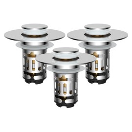 Hibbent 3 Pack Upgraded 3 in 1 Bathroom Sink Drain Strainer, Universal Pop Up Stopper with Removable Stainless Steel Filter Basket Hair Catcher, Sink Plug for 1.1''~2.36'' Basin, Brass Core, Chrome
