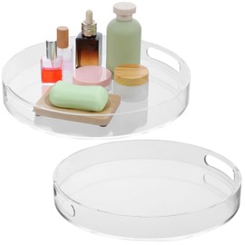 2 Pcs Acrylic Round Tray with Handles Sturdy Clear Round Serving Decorative Circle Tray for Kitchen Bathroom Vanity Coffee Table Ottoman Food Tea Snacks (11.8 Inch)