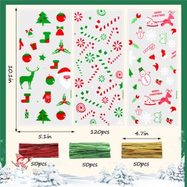 Christmas Cellophane Bags,Cydaluya 120pcs Clear Cellophane Treat Bags,Christmas Cookie Bags with 150 Twist Ties for Candy Packaging of Christmas（12.5x27cm）