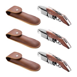 3-Pack Professional Waiter Corkscrew Wine Key with Leather Protection Gift Bag, Long Rosewood Handle Stainless Steel Handle Wine Opener for Bar Restaurant Waiters, Sommelier, Bartend, Rosewood Hand