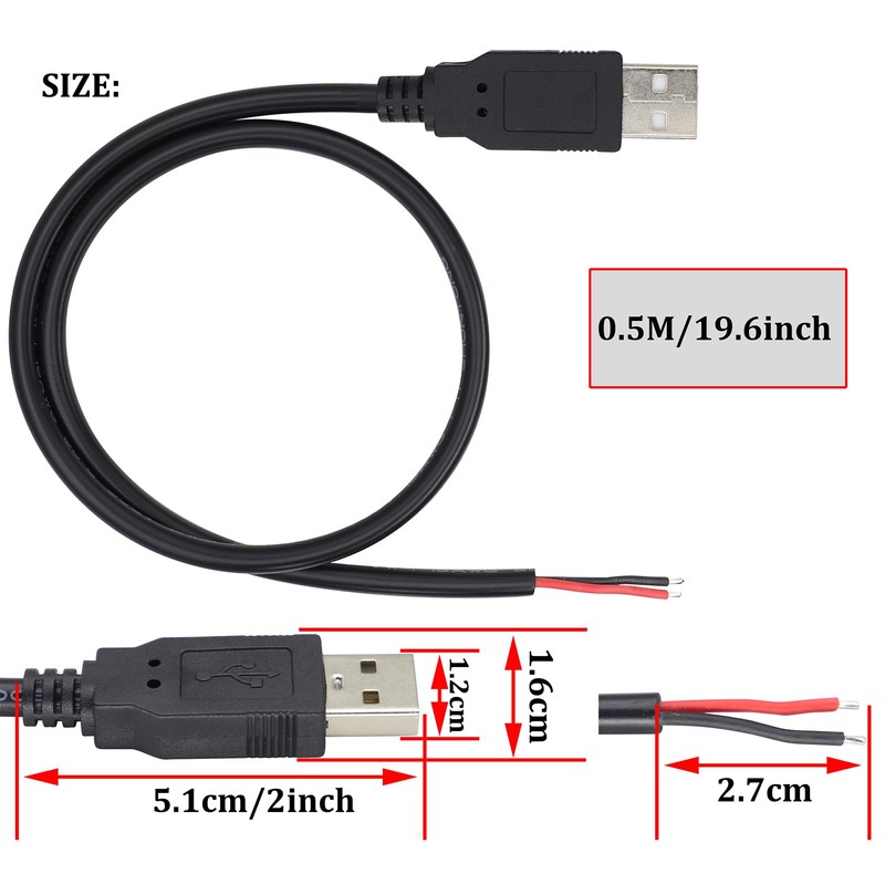 HCFeng 18AWG USB 2.0 Male Plug to 2pin Bare Cable