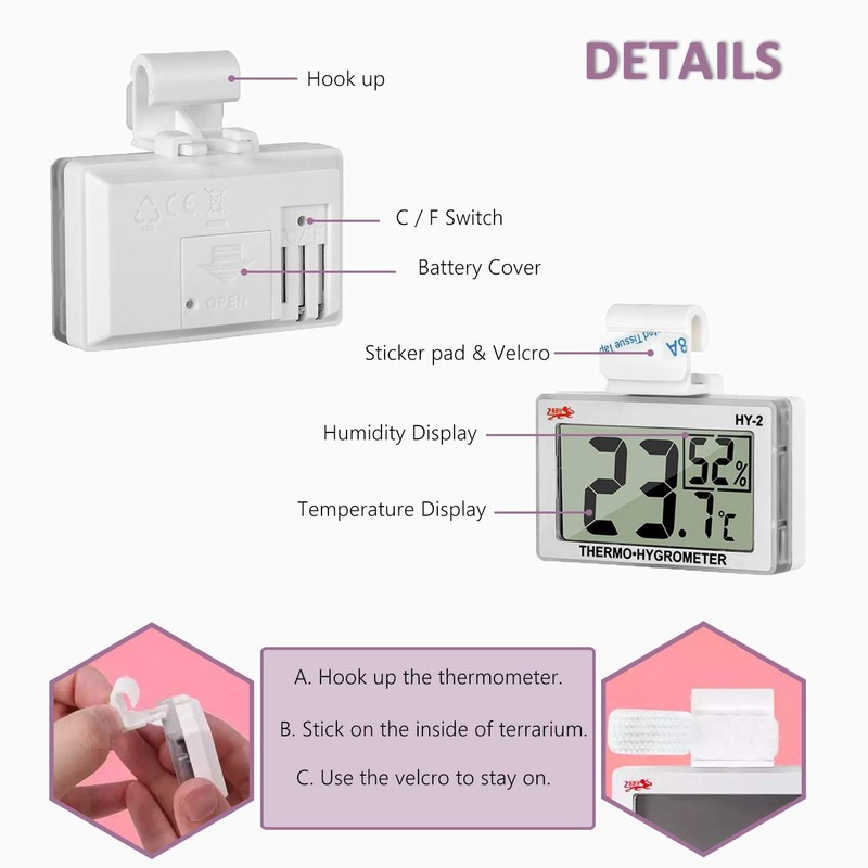 Cluoling Thermometer/Hygrometer, Reptile, Temperature and Humidity Management, Thermometer, Digital HD