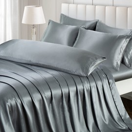 Ersmak 4 Pieces Satin Sheets Set Twin Size, Luxury Silky Grey Satin Bed Sheets Set with 1 Deep Pocket Fitted Sheet, 1 Soft Flat Sheet, 1 Queen Pillowcases and 1 Body Pillowcase