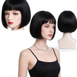 fKiZanthene Black Bob Wig with Fringe Straight for Women, Heat Resistant Synthetic Fiber Wig, Short Black Wig for Daily Wear, Cosplay Party