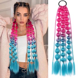 PORSMEER Coloured Braids Extensions, Ponytail Extension with Hair Band, Colourful Hair Extensions for Braiding, 55 cm, Bubble Braid, Synthetic Hair Braid Hairpiece for Women (Pink+Blue)