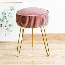 Mid Century Modern Velvet Upholstered Pleated Round Footrest Stool Ottoman with Metal Legs, Home Multifunctional Luxury Ottoman Suitable for Living Room and Bedroom