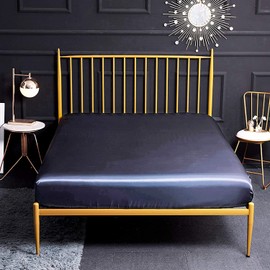 Fitted Sheet - Luxury Silky Soft Satin Bottom Sheet - Deep Pockets, Shrinkage and Fade Resistant - Easy Care - 1 Fitted Sheet Only (Navy, Queen)