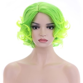 BERON Green Wig Short Curly Wig Lime Green Wig Natural Wavy Lime Wig for Women Cosplay Costume Party Come with Wig Cap (Lime Green)
