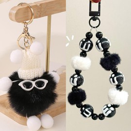 FANEVER Cute Phone Lanyard Wrist Strap Tether Tab & Plush Pompom Key Chain Beaded Keychain Bag Charm for Women (Black03)