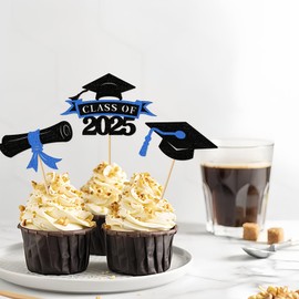 2025 Graduation Cupcake Toppers, 36 pack Glitter Class of 2025 Congrats Grad Diploma Cap Cupcake Picks for Graduation Party Supplies (Blue)