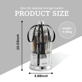 JIANGLAI Makeup Brush Holder with Lid, 360° Rotating Multifunction Clear Dustproof Skincare Cosmetic Tools Storage Organizer for Vanity Desktop Bathroom Countertop (Silver)