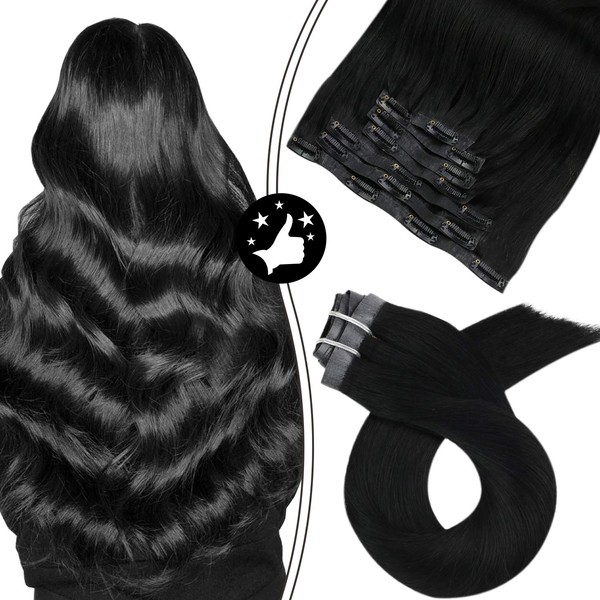 Moresoo Jet Black Clip in Hair Extensions Human Hair 22inch Hair Extensions Real Human Hair 7Pieces 120Grams Seamless Clip in Hair Extensions Black Hair PU Weft Clip in Extensions