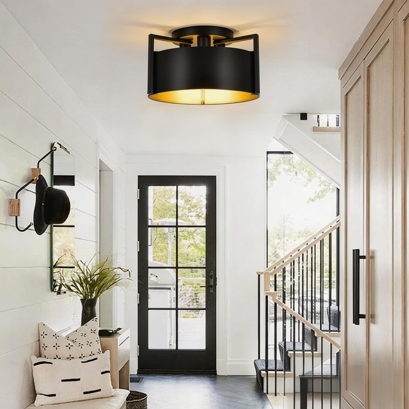 Black Semi Flush Mount Ceiling Light, 15'' Modern Farmhouse Hallway