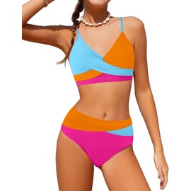 WIQI Girls Swimsuit Bikini Set 2 Piece Bathing Suits Fashion Color Block Criss Cross Kids Girls' Swimwear Size 8-10