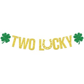 Two Lucky Banner, Shamrock Clover Sign for Baby's Second Birthday, St. Patrick's Day Theme 2nd Birthday Party Decoration Supplies for Boys Girls