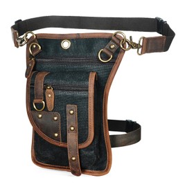 Handadsume Canvas + Genuine Leather Motorcycle Travel Fanny Waist Pack Drop Thigh Leg Bag Belt Pouch for Men Women FB2141 FB211-3 (2141-Black)