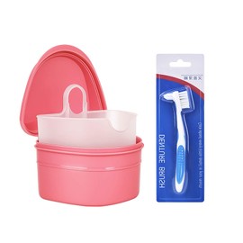 Denture Cleanning Set False Teeth Storage Case with Brush, Filter Lifting Design, Convenient and Durable, Effectively Reduce The Growth of Bacteria(Pink)