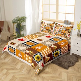 Manfei Retro Plaid Splicing Decorations,Thanksgiving Theme Sunflower Pumpkin Duvet Cover for Boys Girls Teens Adults,Rustic Farmhouse Bedroom Decor Soft Comforter Cover with 2 Pillowcases