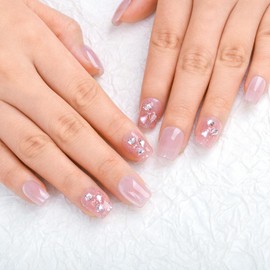 Sethexy Cat's Eye Handmade Press On Nails Short French Coffin Rhinestone False Nails 10PCS Fake Nails Bling Heart Fake Nail Glitter Crystal False Nail for Women and Girls (pink1, L)