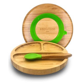 Ecowood Plato Extendido de Bambú con Divisiones para Bebe y Niño Con Base de Silicona Succión Adherente y Antiderrapante - Plato para Bebé y Niño Incluye Cuchara de Bambú Color Verde