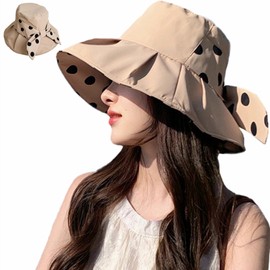 SUBTRY Women's UV Protection Hat, Large Size, 3.9 inches (10 cm) Wide Brim, Overwhelming Small Face Effect, UV Protection, Free Shaped, Cute Pot Pattern, Large Ribbon, UV Protection, Sun Protection