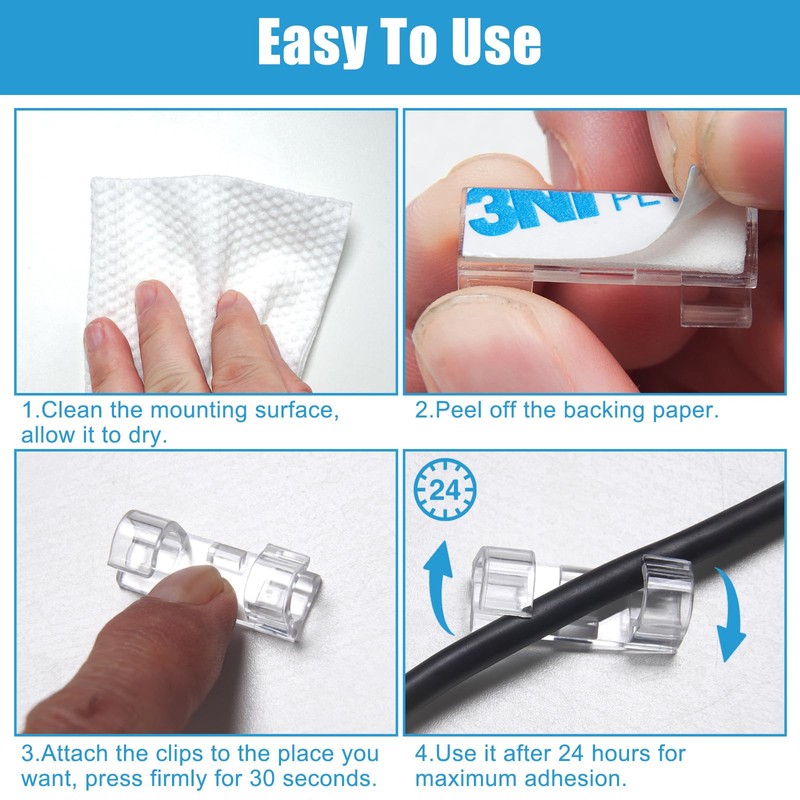 40PCS Strong Adhesive Cable Clips Clear, Premium Wire Holders for