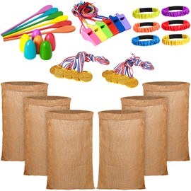 40 Pieces School Outdoor Carnival Game Set Includes 6 Potato Sack Race Bags, 6 Egg and Spoon Race Game, 6 Legged Race Bands Egg Hunt Family Gathering Party Favor, 6 Whistles and 10 Medals for The Game