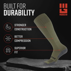MudGear Compression Socks for Trail Running, Recovery, Travel, and Outdoor Adventures – Graduated, Durable, Sweat-Resistant, Boot Height, Large, Olive Drab Green