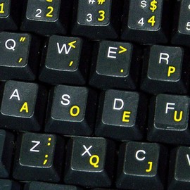 Dvorak Simplified New Keyboard Decals with Yellow Lettering ON Transparent Background for Desktop, Laptop and Notebook