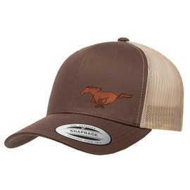 Ford Mustang Running Horse Side Logo Laser Engraved Leather Patch Yupoong 6606 Snapback Trucker Fitted Cap Brown/Khaki