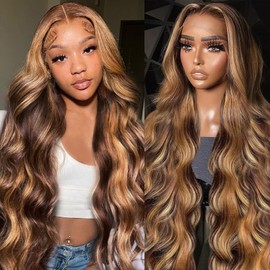 IHEREIN Highlight 13x6 Lace Front Wig Human Hair 4/27 Honey Blonde Ombre Lace Front Wig Body Wave Hd Lace Frontal Wigs Pre Plucked Bleached Knots Brown Blonde Highlight Wig 180% Density 28 Inch