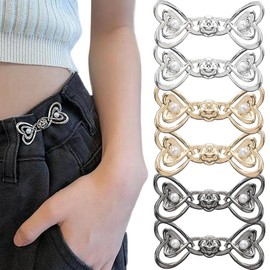6 PCS Pants Waist Tightener Jean Buttons for Loose Jeans No Tools Detachable Decorative Waist Buckles No Sewing Adjustable Button Love Heart Pearl Button Pins for Jeans Waistband Tightener Skirts