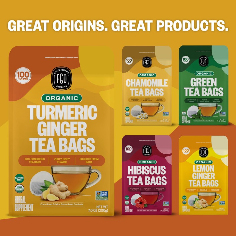 FGO Organic Turmeric Ginger Tea, Eco-Conscious Tea Bags, 100 Count,