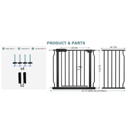 COSEND Extra Wide Pressure Mount Baby Gate Walk Through Auto Close White Metal Child Dog Pet Indoor Safety Gates for Stairs,Doorways,Kitchen and Living Room (43.31"-48.03"/110-122CM, Black)
