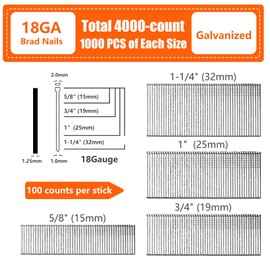 SITLDY 18 Gauge Galvanized Brad Nails Brown T-head 4 Sizes 4000-Pack (5/8"+3/4"+1"+1-1/4"),1000 per size, Assorted Size Project Pack, for Pneumatic, Electric 18GA Brad Nailer Gun